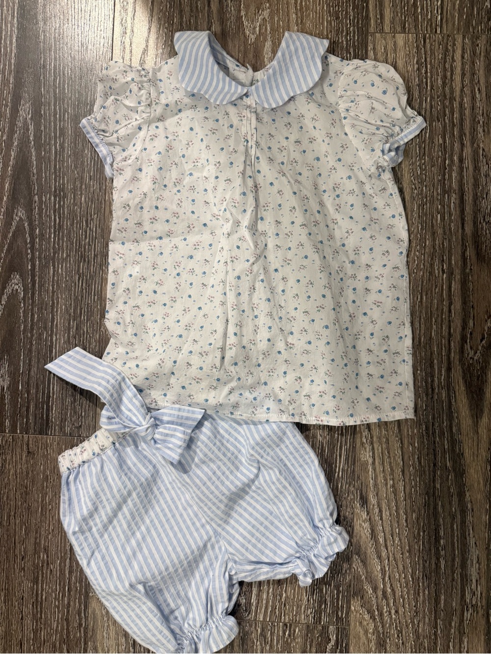 Blue Floral Two-Piece girls Set with Striped Collar & Shorts